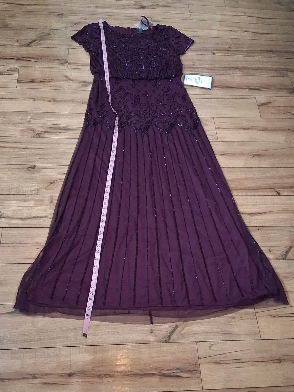 New Adrianna Papell Evening Beaded Dress Plum Floor-Length Short Sleeves Small - Picture 13 of 16